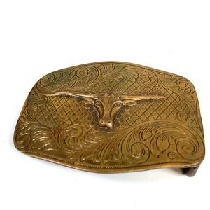 Solid Brass Ornate Belt Buckle Western Texas Longhorn 3”W x 2.25”H Cattle Cow